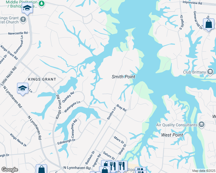 map of restaurants, bars, coffee shops, grocery stores, and more near 3037 Bray Road in Virginia Beach