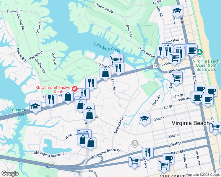 map of restaurants, bars, coffee shops, grocery stores, and more near Quail Covey Lane in Virginia Beach