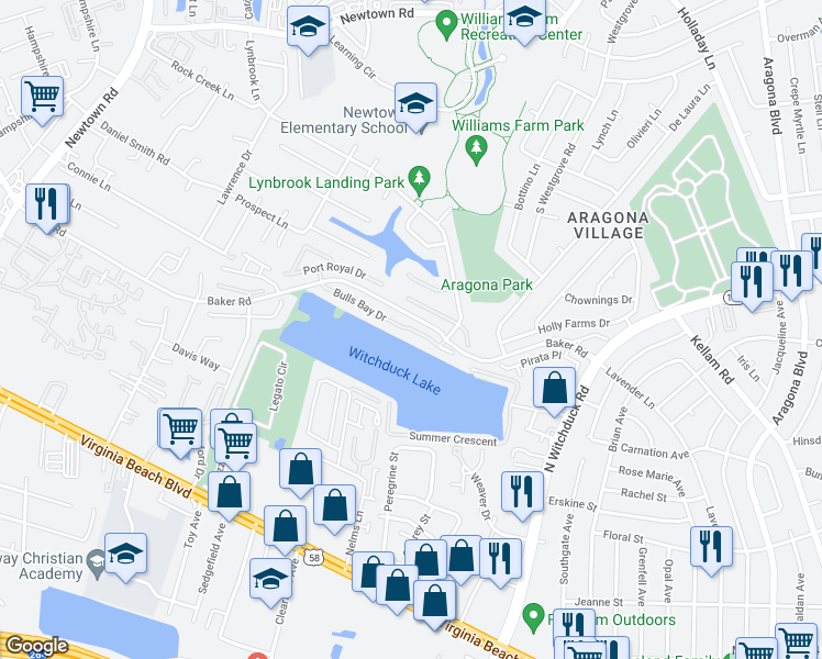 map of restaurants, bars, coffee shops, grocery stores, and more near 5448 Bulls Bay Drive in Virginia Beach