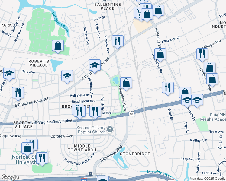 map of restaurants, bars, coffee shops, grocery stores, and more near 1244 Godfrey Avenue in Norfolk