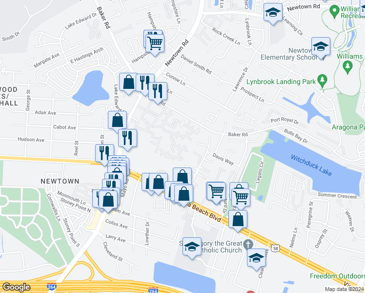 map of restaurants, bars, coffee shops, grocery stores, and more near 529 Pier Court in Virginia Beach