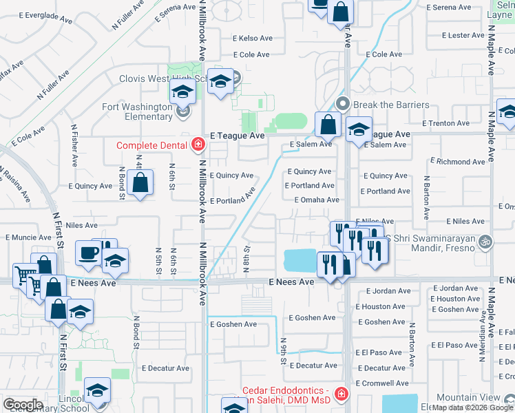 map of restaurants, bars, coffee shops, grocery stores, and more near 8195 North Yorktown Drive in Fresno