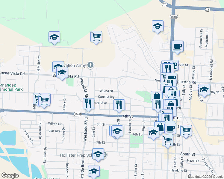 map of restaurants, bars, coffee shops, grocery stores, and more near 740 Canal Alley in Hollister