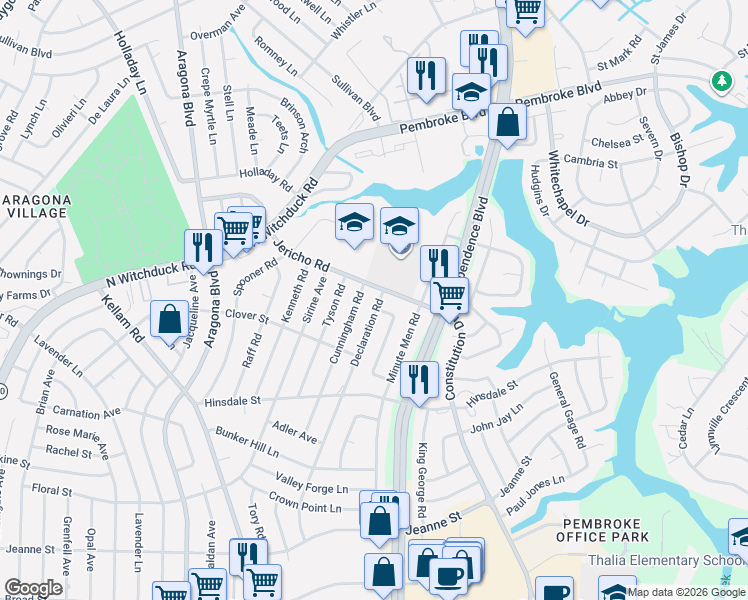 map of restaurants, bars, coffee shops, grocery stores, and more near 652 Cunningham Road in Virginia Beach