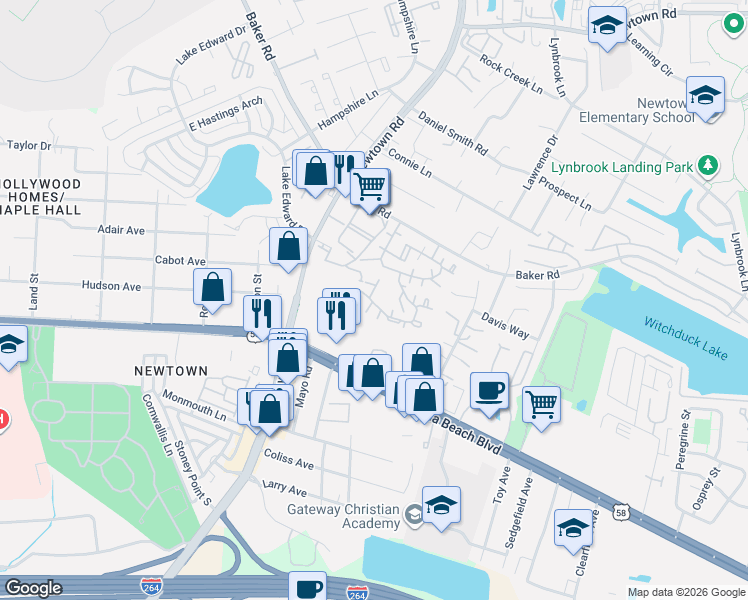 map of restaurants, bars, coffee shops, grocery stores, and more near 406 Roadstead Court in Virginia Beach