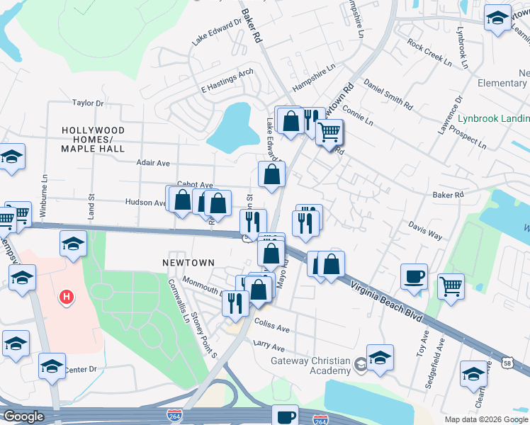 map of restaurants, bars, coffee shops, grocery stores, and more near 1025 Newtown Road in Norfolk