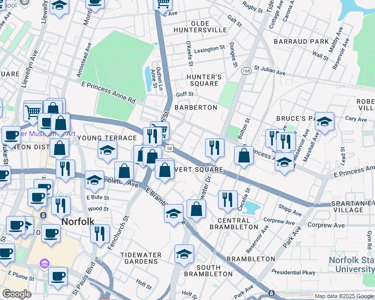 map of restaurants, bars, coffee shops, grocery stores, and more near 873 East Virginia Beach Boulevard in Norfolk