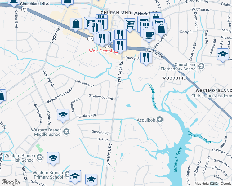 map of restaurants, bars, coffee shops, grocery stores, and more near 3304 Tyre Neck Road in Chesapeake
