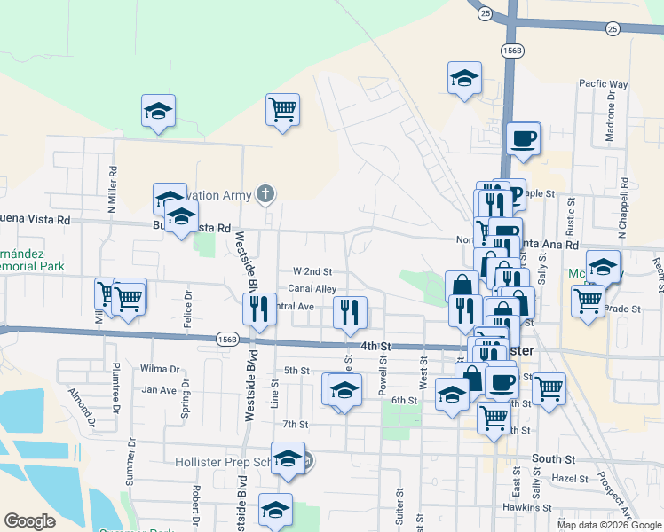 map of restaurants, bars, coffee shops, grocery stores, and more near 740 Canal Alley in Hollister