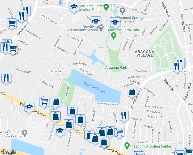 map of restaurants, bars, coffee shops, grocery stores, and more near 5461 Bulls Bay Drive in Virginia Beach