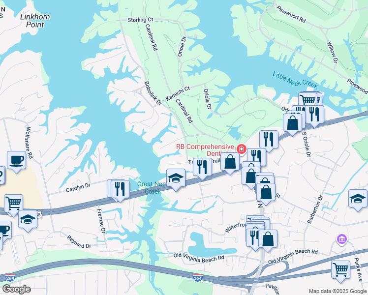 map of restaurants, bars, coffee shops, grocery stores, and more near 713 Bobolink Drive in Virginia Beach