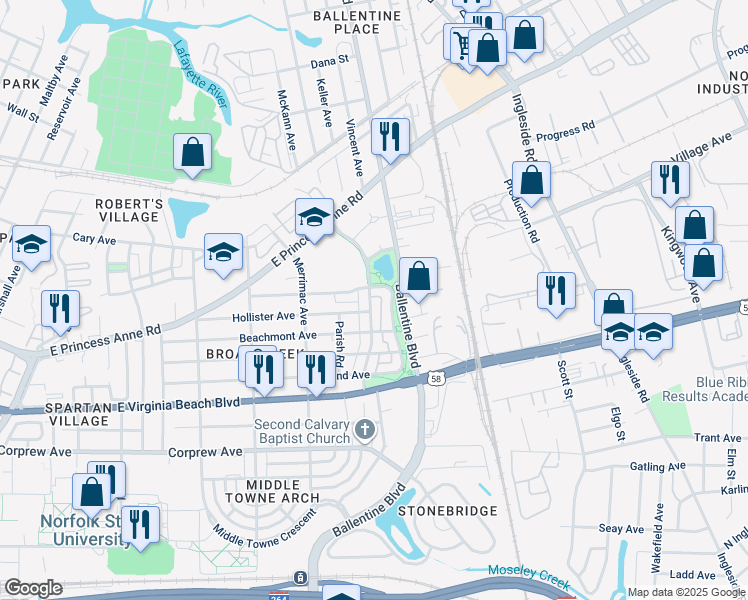 map of restaurants, bars, coffee shops, grocery stores, and more near 1222 Godfrey Avenue in Norfolk