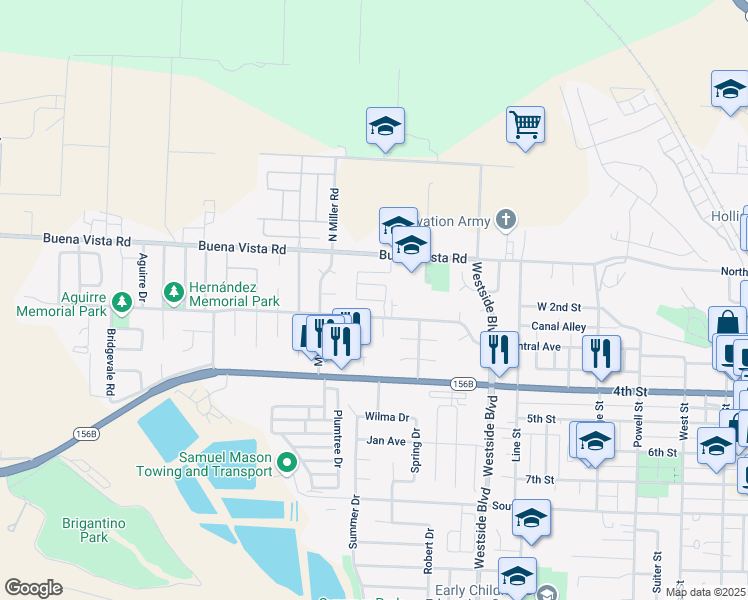 map of restaurants, bars, coffee shops, grocery stores, and more near 1225 Rosales Lane in Hollister