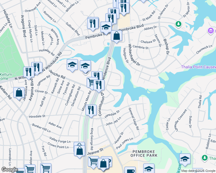 map of restaurants, bars, coffee shops, grocery stores, and more near 640 Independence Boulevard in Virginia Beach