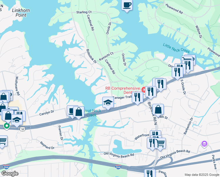 map of restaurants, bars, coffee shops, grocery stores, and more near 713 Bobolink Drive in Virginia Beach