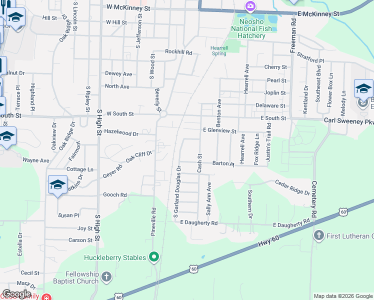 map of restaurants, bars, coffee shops, grocery stores, and more near 300-398 South Garland Douglas Drive in Neosho