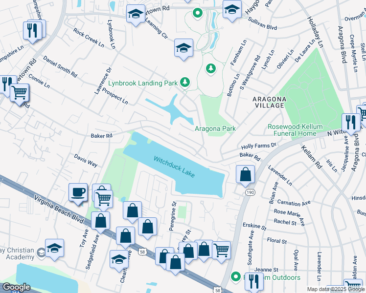 map of restaurants, bars, coffee shops, grocery stores, and more near 5464 Bulls Bay Drive in Virginia Beach