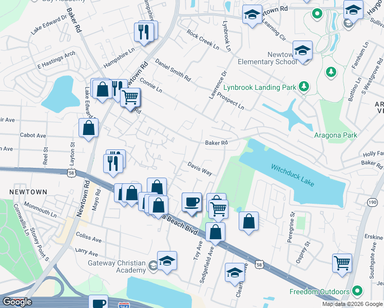 map of restaurants, bars, coffee shops, grocery stores, and more near 645 Aubrey Drive in Virginia Beach