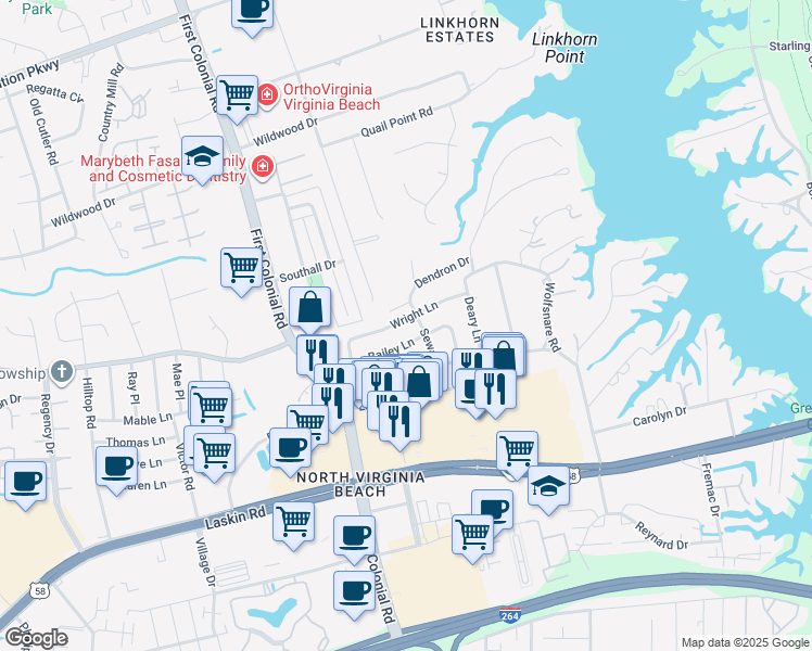 map of restaurants, bars, coffee shops, grocery stores, and more near 832 Seward Lane in Virginia Beach