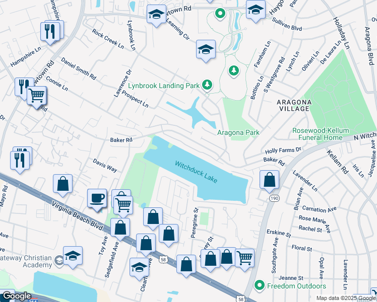 map of restaurants, bars, coffee shops, grocery stores, and more near 5409 Bulls Bay Drive in Virginia Beach