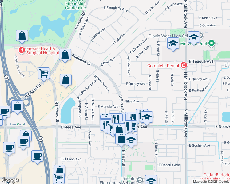 map of restaurants, bars, coffee shops, grocery stores, and more near 8301-8331 N 1st St in Fresno