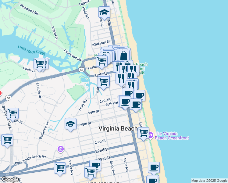 map of restaurants, bars, coffee shops, grocery stores, and more near 2800 Pacific Avenue in Virginia Beach