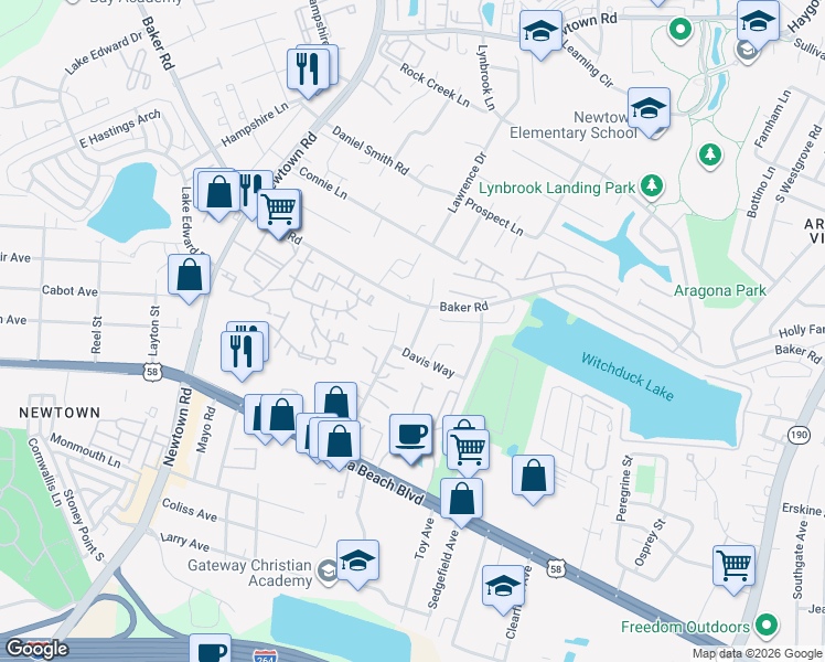 map of restaurants, bars, coffee shops, grocery stores, and more near 645 Aubrey Drive in Virginia Beach