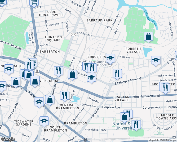 map of restaurants, bars, coffee shops, grocery stores, and more near 1245 Hanson Avenue in Norfolk