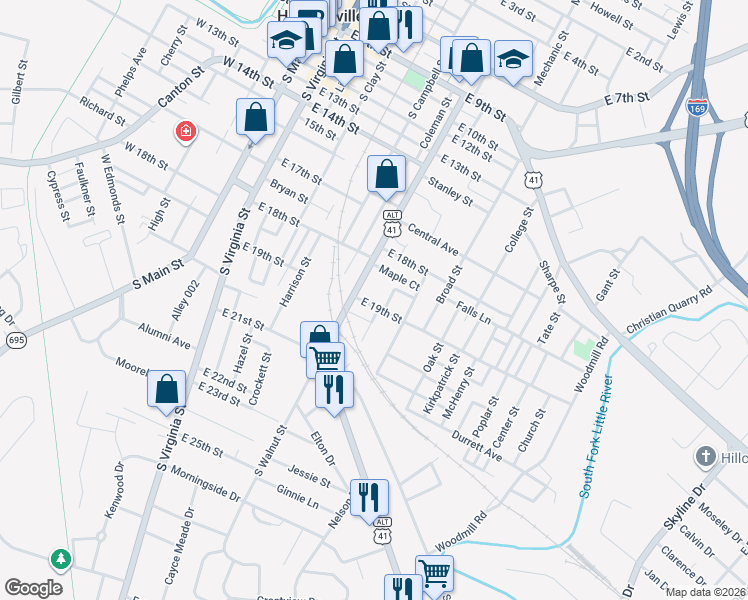 map of restaurants, bars, coffee shops, grocery stores, and more near 801-899 Maple Court in Hopkinsville
