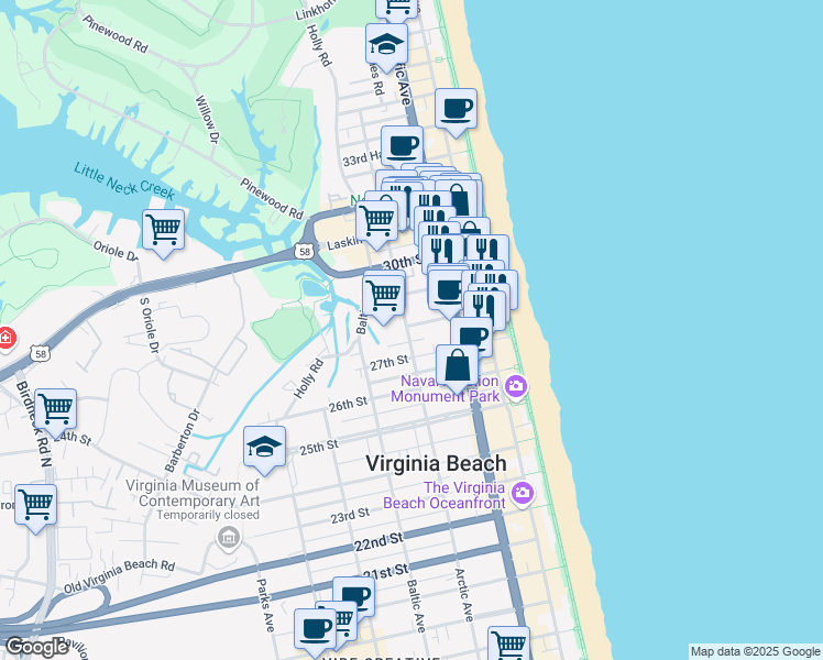 map of restaurants, bars, coffee shops, grocery stores, and more near 2800 Pacific Avenue in Virginia Beach