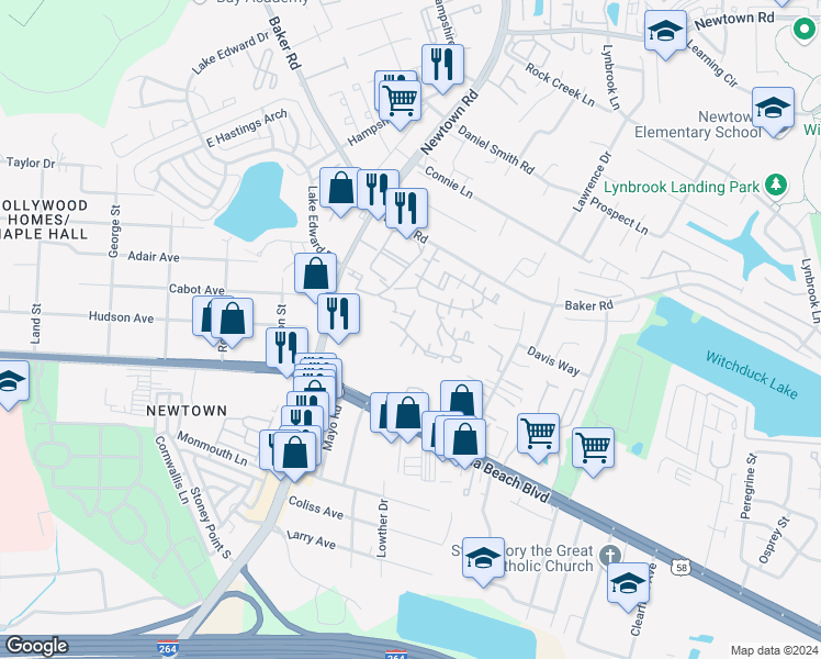 map of restaurants, bars, coffee shops, grocery stores, and more near 5682 Landfall Drive in Virginia Beach