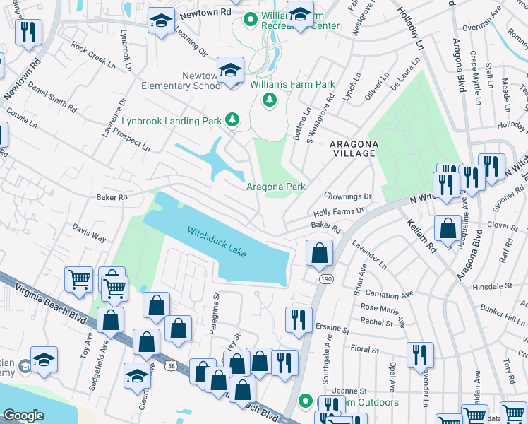 map of restaurants, bars, coffee shops, grocery stores, and more near 620 Edisto Court in Virginia Beach