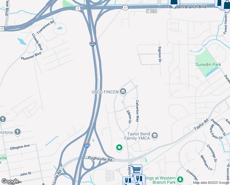 map of restaurants, bars, coffee shops, grocery stores, and more near 3348 Lynnhurst Boulevard in Chesapeake