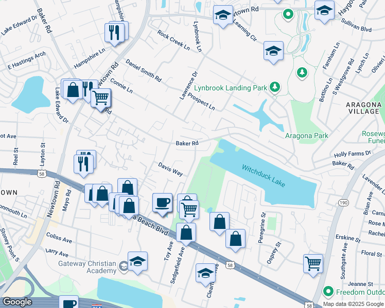 map of restaurants, bars, coffee shops, grocery stores, and more near 5500 Maple Cluster Court in Virginia Beach
