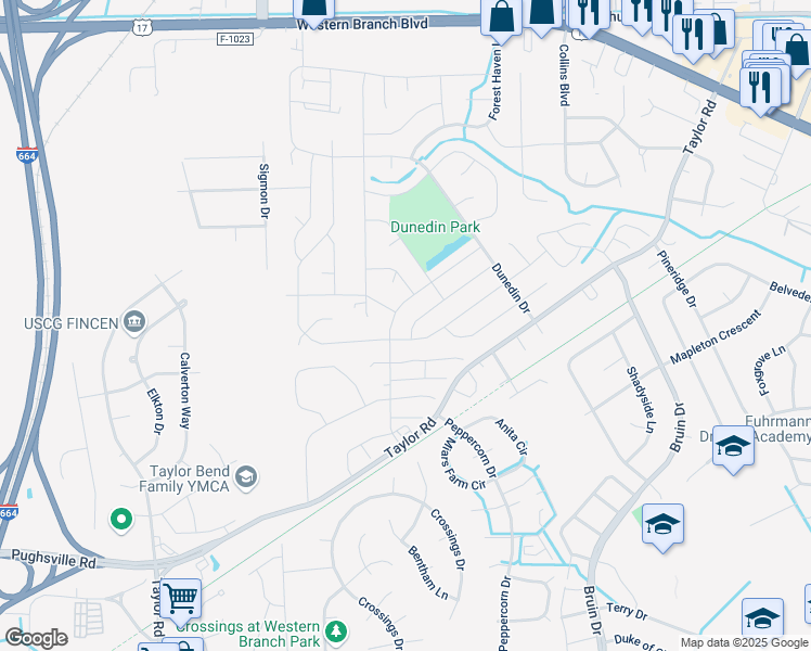 map of restaurants, bars, coffee shops, grocery stores, and more near 3208 Dunworken Drive in Chesapeake