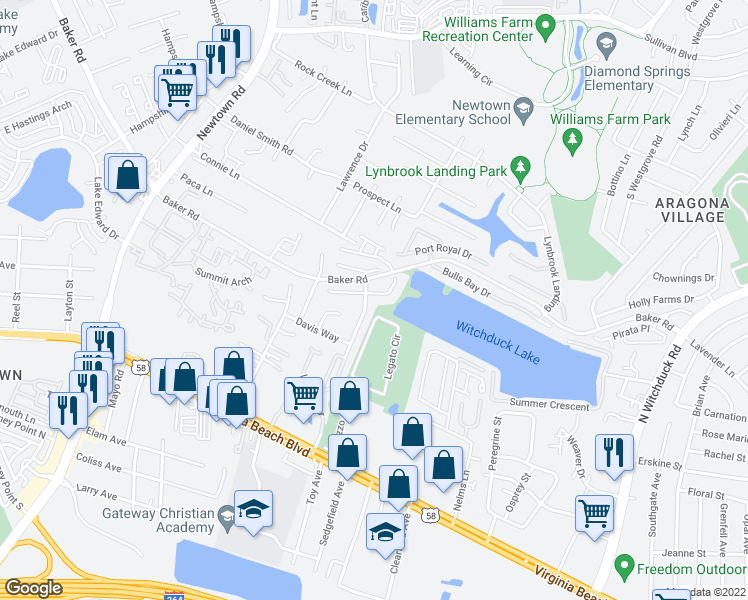 map of restaurants, bars, coffee shops, grocery stores, and more near 5488 Trumpet Vine Court in Virginia Beach