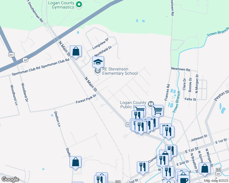 map of restaurants, bars, coffee shops, grocery stores, and more near 105 Northbrook Street in Russellville