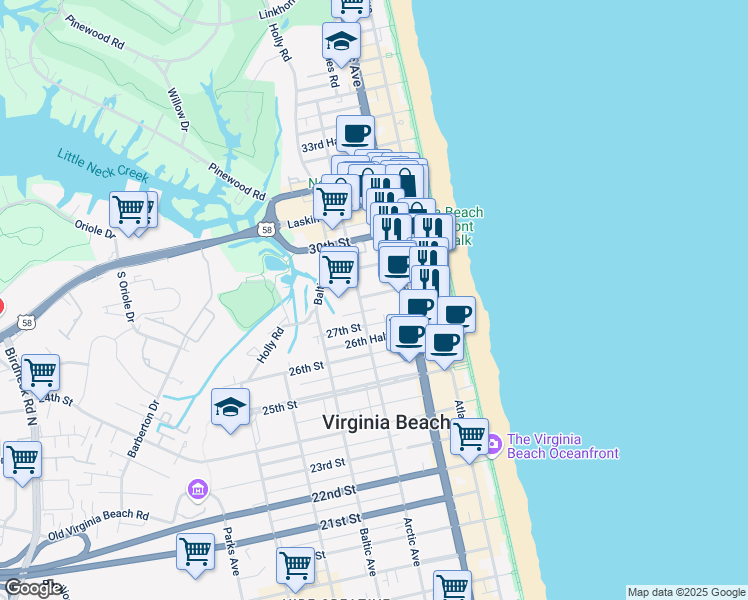 map of restaurants, bars, coffee shops, grocery stores, and more near 304 28th Street in Virginia Beach