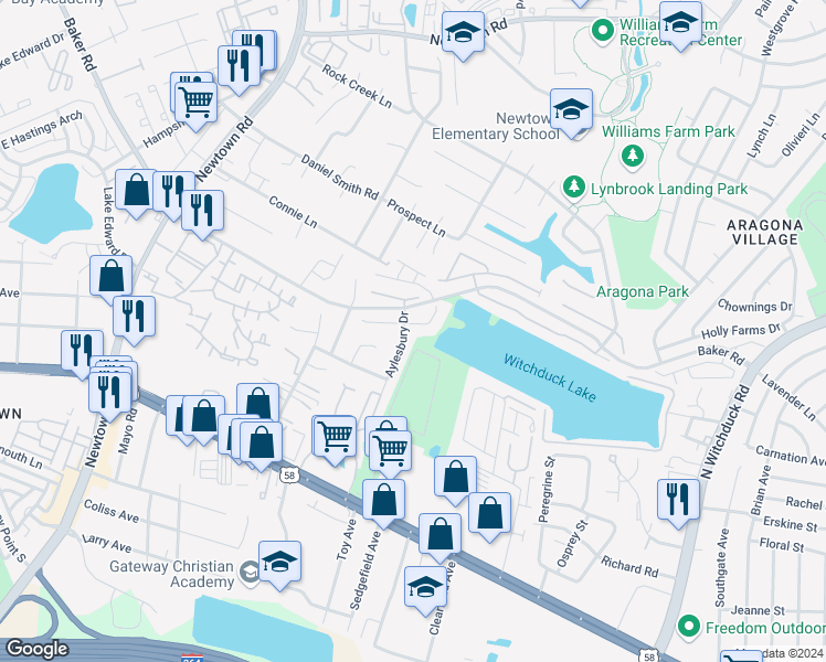 map of restaurants, bars, coffee shops, grocery stores, and more near 5488 Trumpet Vine Court in Virginia Beach