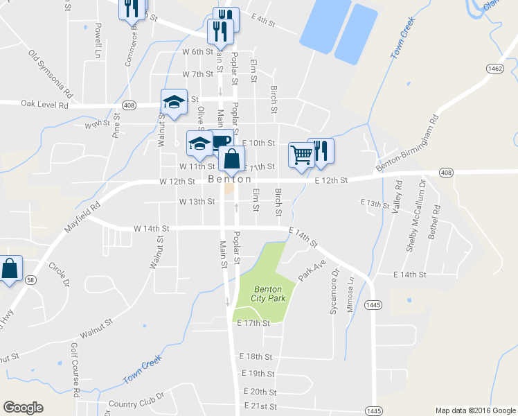 map of restaurants, bars, coffee shops, grocery stores, and more near 1303 Elm Street in Benton