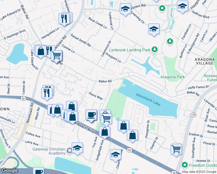 map of restaurants, bars, coffee shops, grocery stores, and more near 5500 Maple Cluster Court in Virginia Beach