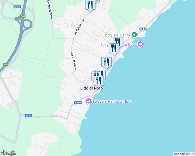 map of restaurants, bars, coffee shops, grocery stores, and more near 13 Via M. Adamo in Lido di Noto