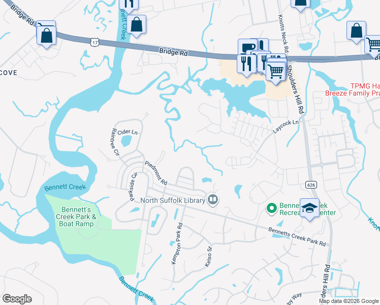 map of restaurants, bars, coffee shops, grocery stores, and more near 2219 Tuliptree Circle in Suffolk