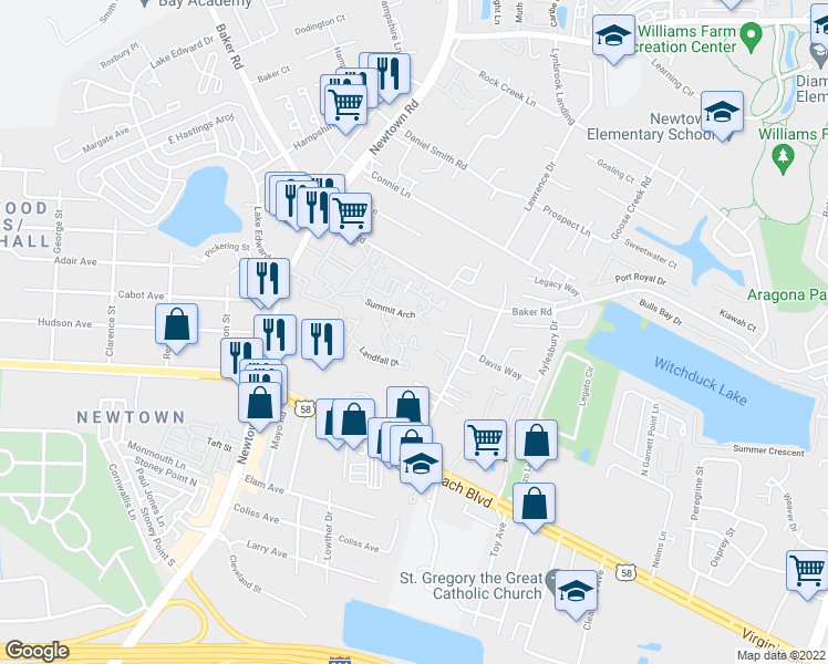 map of restaurants, bars, coffee shops, grocery stores, and more near 523 Pier Court in Virginia Beach