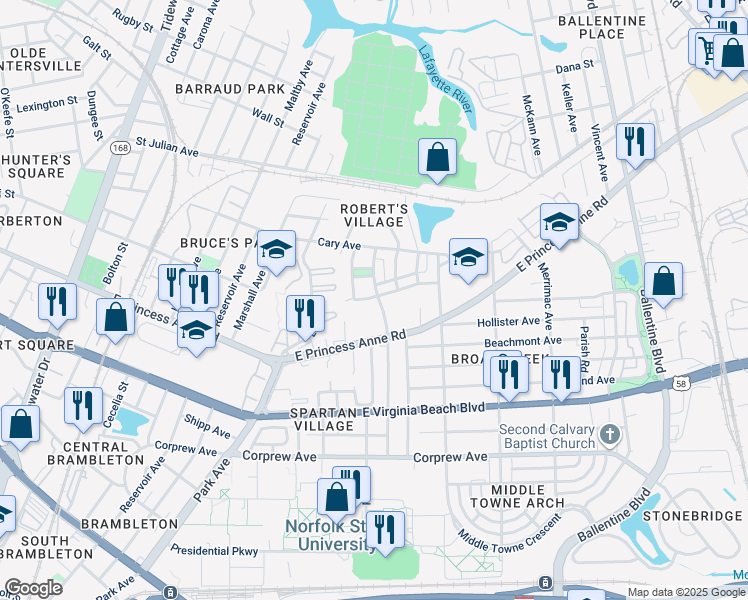 map of restaurants, bars, coffee shops, grocery stores, and more near 1295 Kenton Avenue in Norfolk