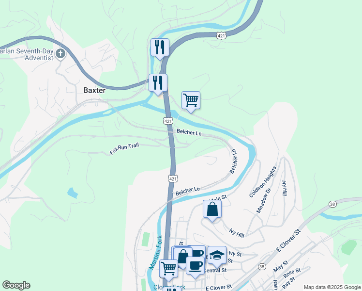 map of restaurants, bars, coffee shops, grocery stores, and more near 40 Kerns Lane in Baxter