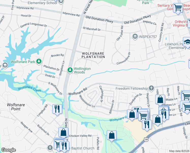 map of restaurants, bars, coffee shops, grocery stores, and more near 801 Lord Leighton Court in Virginia Beach
