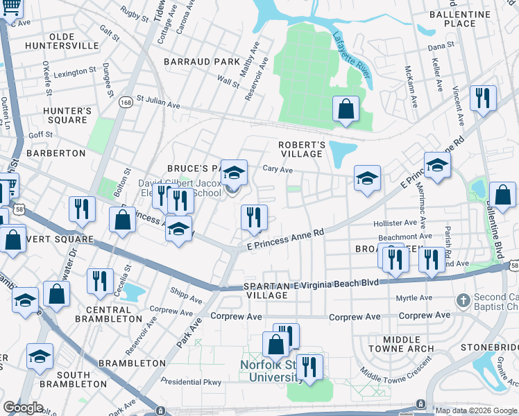map of restaurants, bars, coffee shops, grocery stores, and more near 1312 Lead Street in Norfolk
