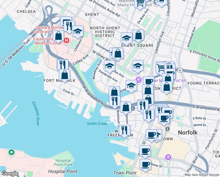 map of restaurants, bars, coffee shops, grocery stores, and more near 308 Colonial Avenue in Norfolk
