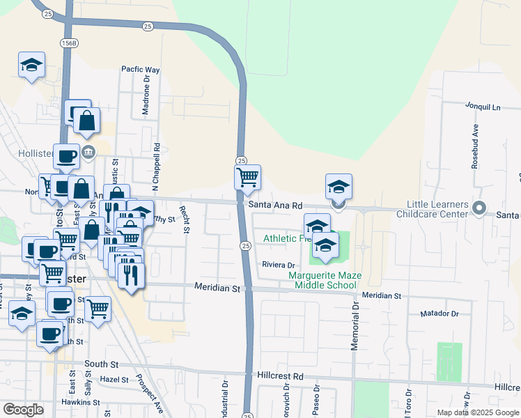 map of restaurants, bars, coffee shops, grocery stores, and more near 690 Santa Ana Road in Hollister